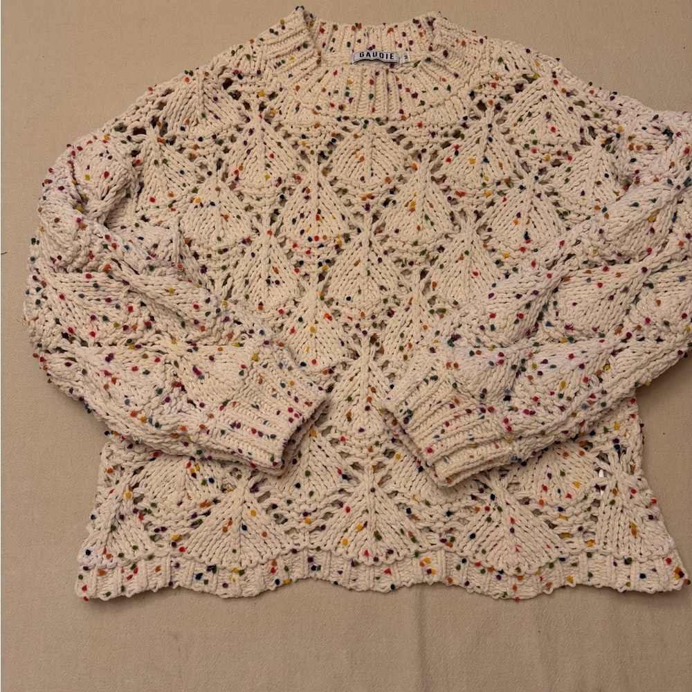 Gaudie confetti sprinkles mock neck open knit sweater M